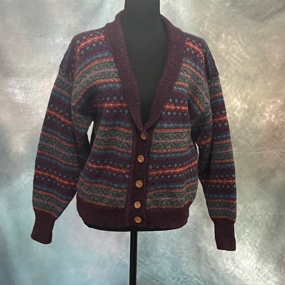 Components by Susan Bristol Vintage Wool Fair Isle Shawl Cardigan Plum Womens L